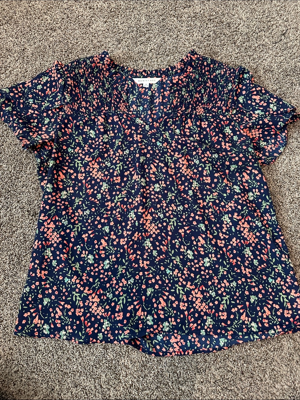 DownEast Navy Floral Short Sleeve Blouse with Coral and Green Print Size L